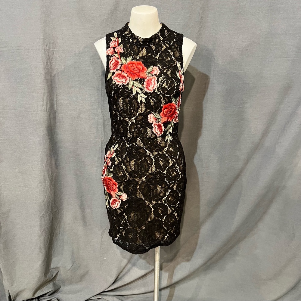 As U Wish Black Lace Dress with Red Floral Design